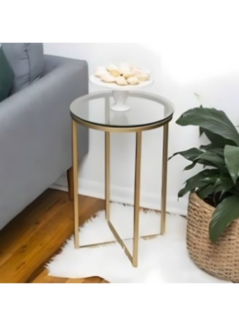 Side table 60x40x40 cm - Gold - Material: Metal - Top material: Glass - Table shape: Round - Finish: With protective coating - No assembly required